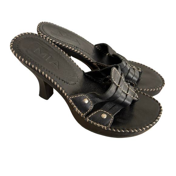 90'S Y2K VTG. MIA BLACK LEATHER THICK STITCHED PLATFORM HEELS SANDALS SZ. 7 EUC - Picture 3 of 8